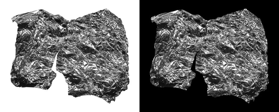 Abstract crumpled silver foil letter M isolated on transparent background.