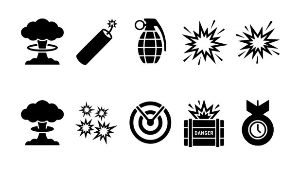 Explosion icon set vector black flat bomb blast dynamite grenade detonation symbols collection