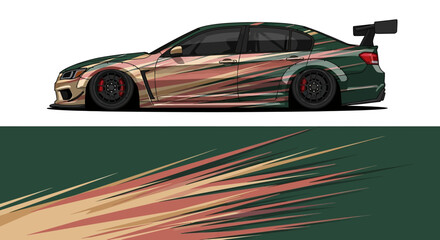 Stylized racing car with flames and dynamic motion lines. © Lailatul