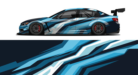Stylized blue race car illustration with dynamic racing stripes and motion accents. © Lailatul