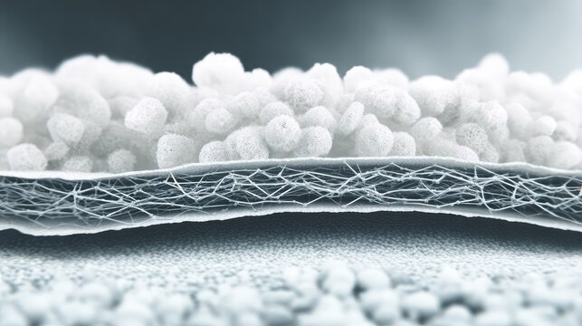 Advanced fibrous membrane cross section showing multi layer filtration, intricate interwoven fibers and pores at high magnification, highlighting nanotech material science and purification