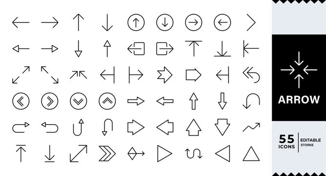 Arrow icon set. Minimal vector line icons collection Includes left chevron, digonal arrow, up chevron, crve arrow, expand, right arow, exchange, undo,Editable icon set