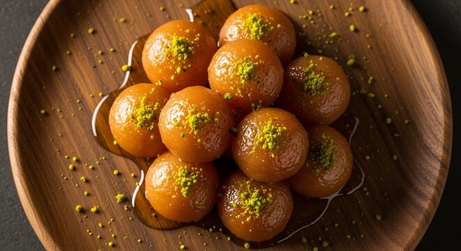 Delicious gulab jamun indian sweet balls served on a rustic plate. lokma