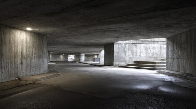 Expansive underground concrete parking garage offering an architectural perspective, featuring stark walls, a ceiling, and empty asphalt floor bathed in filtered natural light and deep shadows