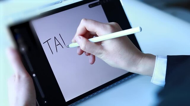 Drawing the word target on a digital tablet during a creative session in an office setting.