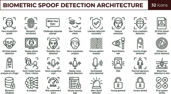 Biometric spoof detection architecture line icon set for identity security dashboard ui liveness verification and fraud prevention interface