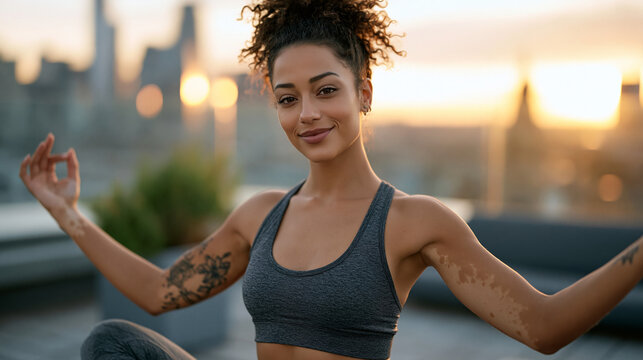 A woman with vitiligo practicing morning yoga on a rooftop at sunrise, city skyline soft and hazy behind her, skin pattern visible on outstretched arms, ideal for body positivity, wellness, and mode