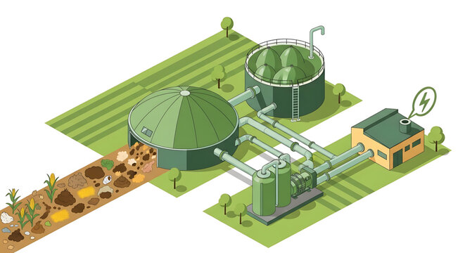 Biogas production plant isometric illustration, processing organic waste into renewable energy and electricity