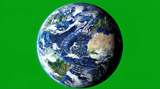 A detailed view of planet Earth showcasing swirling cloud formations and diverse landmasses against a vibrant green screen background.