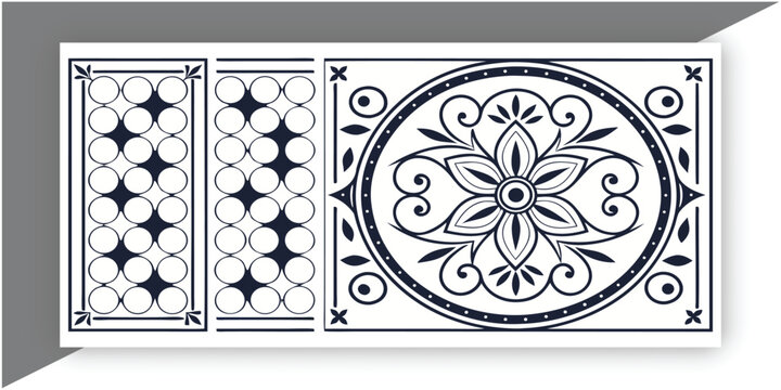 Traditional Chinese porcelain floral pattern, cobalt blue and white color palette, intricate flowers and vines, seamless decorative pattern set, square tiles, circular plate frame with greek key borde