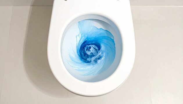 Close-up of toilet bowl flushing with swirling blue water vortex, white seat and gray background, composition symbolizing sanitation, fluid dynamics, and cleanliness in everyday life.