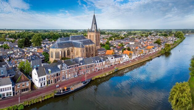 aerial drone view of roermond town cityscape church and river meuse top view from above traditional dutch architecture limburg the netherlands
