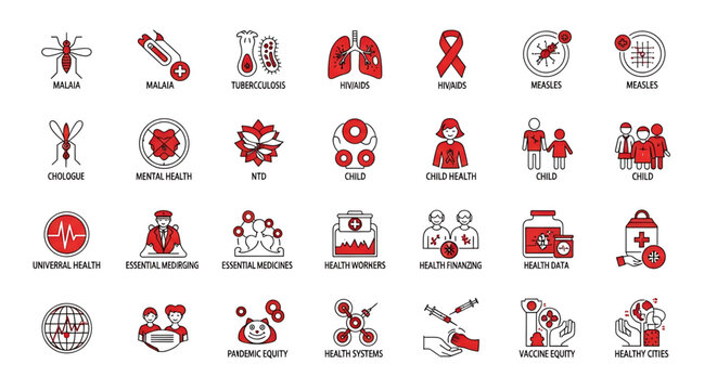 Set of medical and healthcare icons related to disease prevention, public health, and global medical services, flat vector design