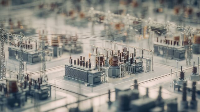 Electrical power station with substations, transformers and transmission lines in a tilt shift view, highlighting grid connectivity, scale and modern energy infrastructure