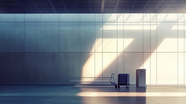 Airport terminal interior illuminated by sunlight creating geometric shadows on the modern wall panels, with a baggage cart and suitcase ready for a trip in the spacious, empty hall