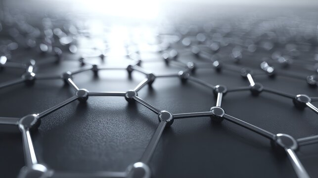 Graphene molecular structure composed of connected carbon atoms creating a hexagonal lattice, representing advanced materials, nanotechnology, and future technology concepts