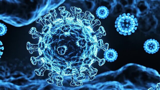 3D Animation of hantavirus Cells with Spike Proteins Floating on Dark Background, Medical Concept, virus outbreak
