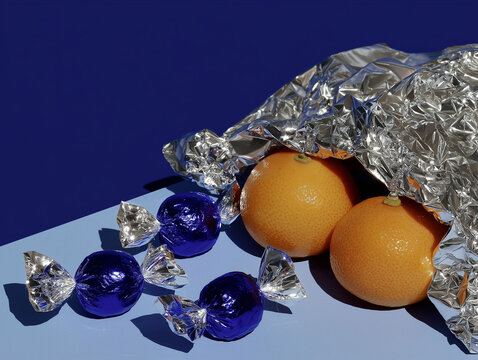 Minimal still life composition with oranges and metallic wrapped candies on vivid blue background. Contemporary food styling concept for luxury branding, editorial campaigns, and modern advertising.
