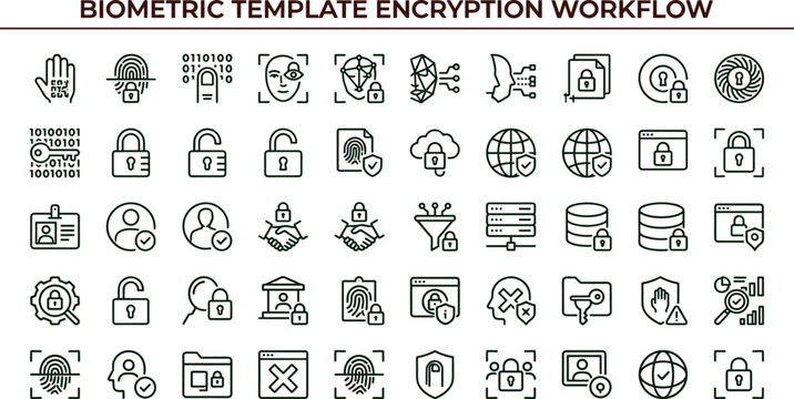 Biometric template encryption workflow line icon set for identity security dashboard ui authentication and privacy protection interface design