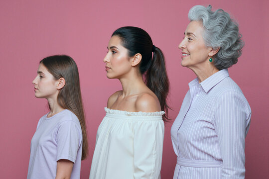 Caucasian girl, young adult woman, senior woman standing in side profile, representing female aging, generation continuity, beauty evolution