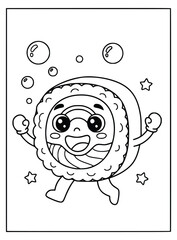  Sushi character coloring page for kids with a cute cartoon maki roll design © Inkartia