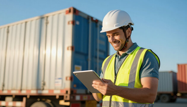 Container yard worker hardhat safety vest tablet logistics shipping freight cargo inspection