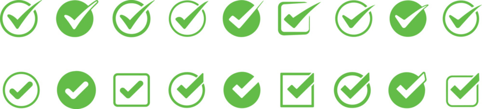 Green checkmark icons in various shapes and styles on white background