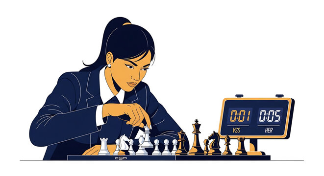 Professional woman playing a highstakes chess game with a ticking clock
