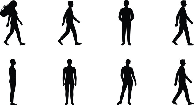 Collection of man and woman silhouettes standing and walking in various poses, male and female profiles isolated on white background for lifestyle and design