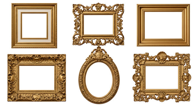 Collection of six ornate golden picture frames in various shapes and antique styles isolated on white background with collection rectangular decoration elaborate interior