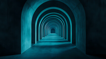 Obraz premium Abstract Dark Teal Concrete Arch Tunnel Corridor Perspective Background, Infinite Architecture Repetition