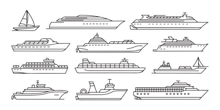Set of vector outline icons representing various ships boats and passenger vessels for marine transport use.