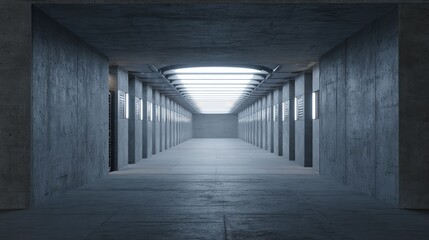 Fototapeta premium Abstract concrete tunnel interior with strong leading lines and bright light, creating a futuristic architecture, modern design, and minimalist perspective