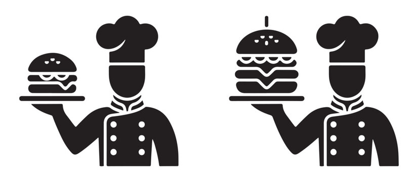 Professional chef silhouette holding various sizes of burgers on a silver platter for restaurant marketing.
