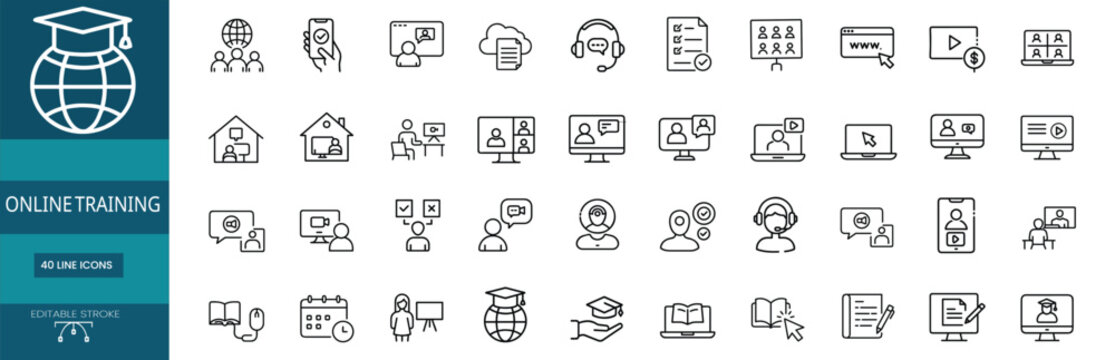 Electronic learning web education web line icons set global academy degree virtual video lesson customer care headset student internet study & more vector illustration with editable stroke