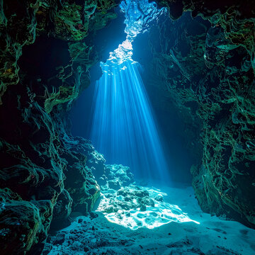 Underwater cave with sun rays shining through opening in ceiling natural light