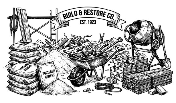 Construction materials black and white vector illustration building site equipment set