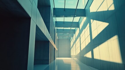 Obraz premium Modern architectural interior with a minimalist concrete corridor, skylight and windows casting geometric light and reflections across the bright, spacious, empty atrium floor