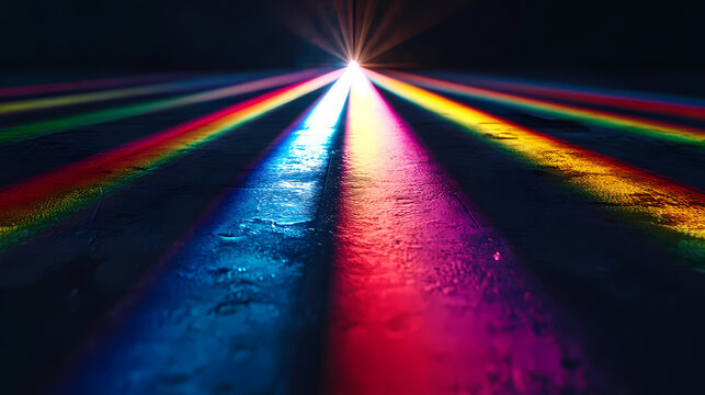 Abstract Dark Rainbow Prism Light Dispersion Background, Colorful Spectrum Rays on Dark Floor Surface