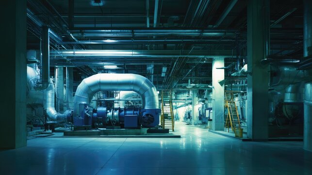 Industrial interior of a large powerplant featuring massive pipes, machinery, and complex systems for generating electricity and supporting critical infrastructure