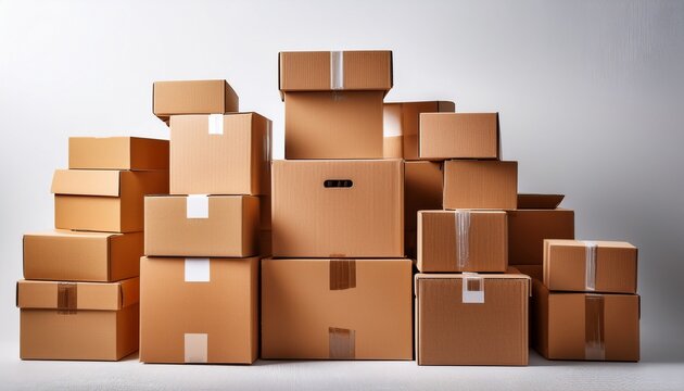 impressive stack various brown cardboard shipping boxes global e commerce efficient logistics signifying rapid parcel delivery services white background commercial display