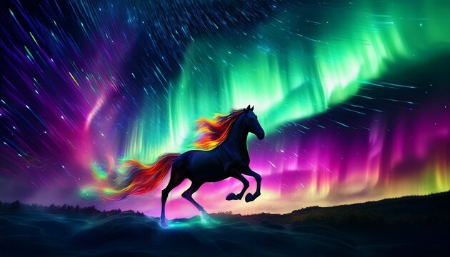 running fire horse beneath the aurora borealis with swirling green and purple lights in a captivating night sky