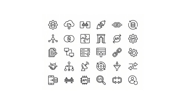 Minimal API Integration Icon Set &ndash; Thin Line Black Outline UI,Unique Vector System Connectivity SaaS Icons Grid