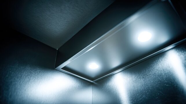 Brushed aluminum elevator corner with recessed ceiling downlights casting glowing reflections on sleek metallic panels, creating a modern, industrial, minimalist interior scene