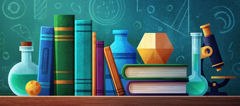 Books and science objects on classroom desk in front of chalkboard with educational sketches