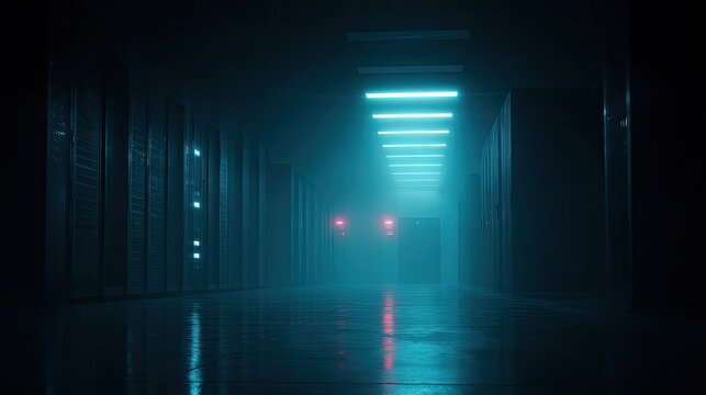 Server racks standing in a futuristic data center hallway, illuminated by vibrant blue neon lights and subtle fog, creating an atmosphere of advanced technology and digital infrastructure