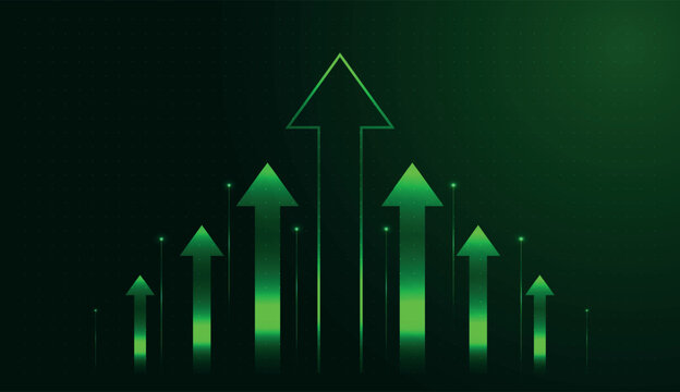 A central glowing Green arrow towers over others, symbolizing a peak in Business finance performance. and Multiple Arrows rise in a symmetrical pattern