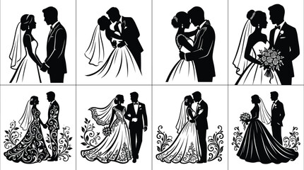 Fototapeta premium Elegant Wedding Couple Silhouettes Set Featuring Detailed Floral Gowns and Romantic Marriage Poses for Invitations and Graphic Design Projects