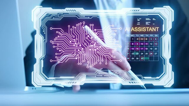 Person using digital technology to interact with AI assistant on a screen at an office during daytime.