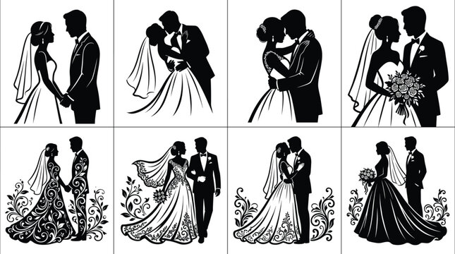 Elegant Wedding Couple Silhouettes Set Featuring Detailed Floral Gowns and Romantic Marriage Poses for Invitations and Graphic Design Projects